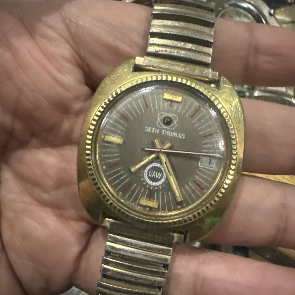 1960s Seth Thomas Automatic Watch Gold Tone Cushion Case 38mm UAW Logo